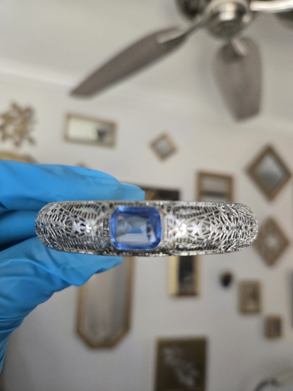 Antique Art Deco R.M. Co Filigree Hinged Bangle Bracelet Blue Glass 1920s